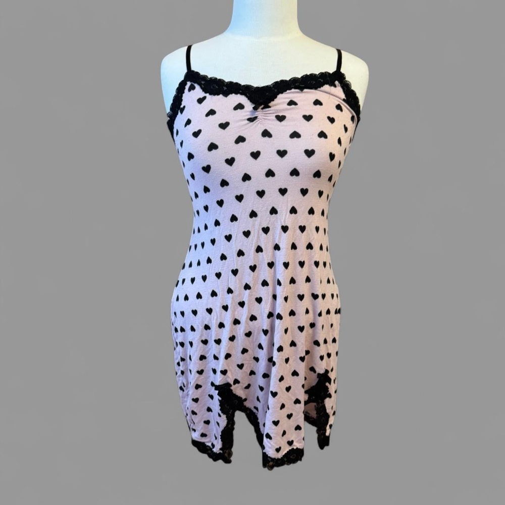 Betsy Johnson Pink and black heart lace slip dress
